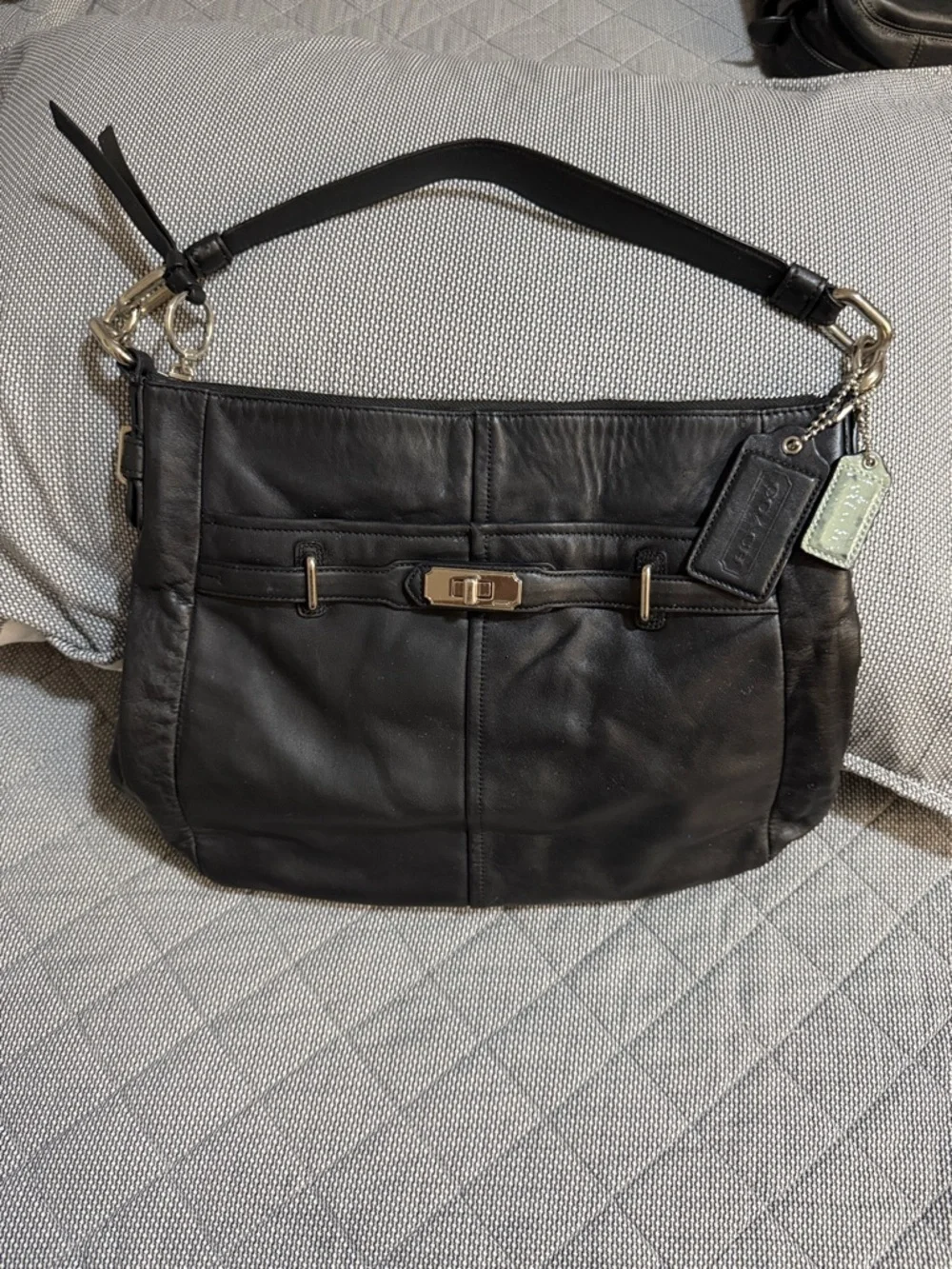 Coach Black Leather Messenger Bag with Silver Hardware